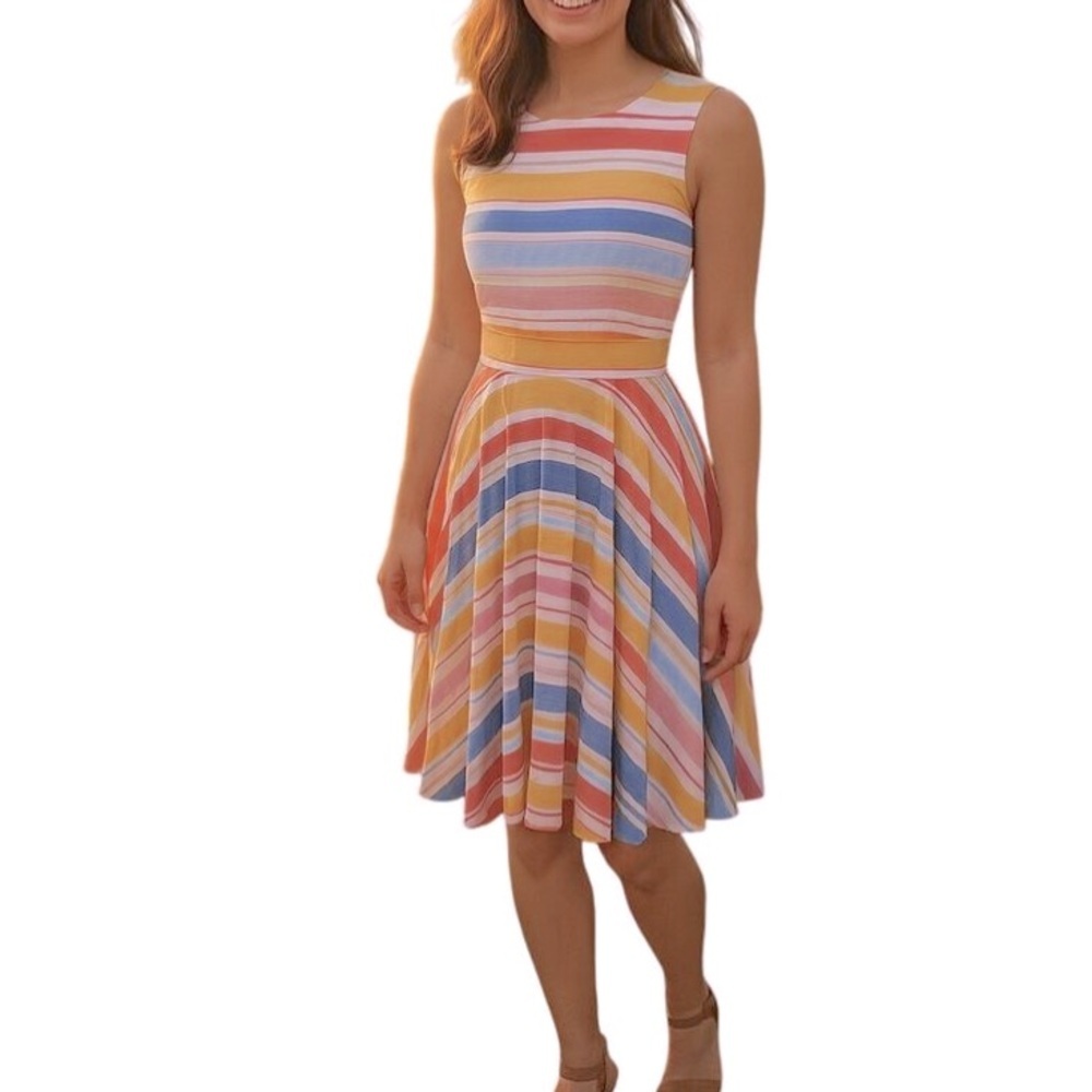 Donna Morgan Striped Fit Flare Dress Size 10 Colorful Sleeveless Summer Party